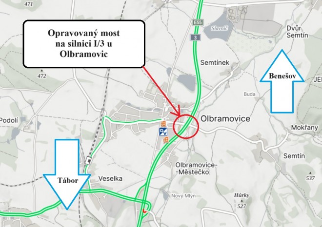 ​Dopravu na silnici I/3 u Olbramovic omezí oprava mostu po nehodě